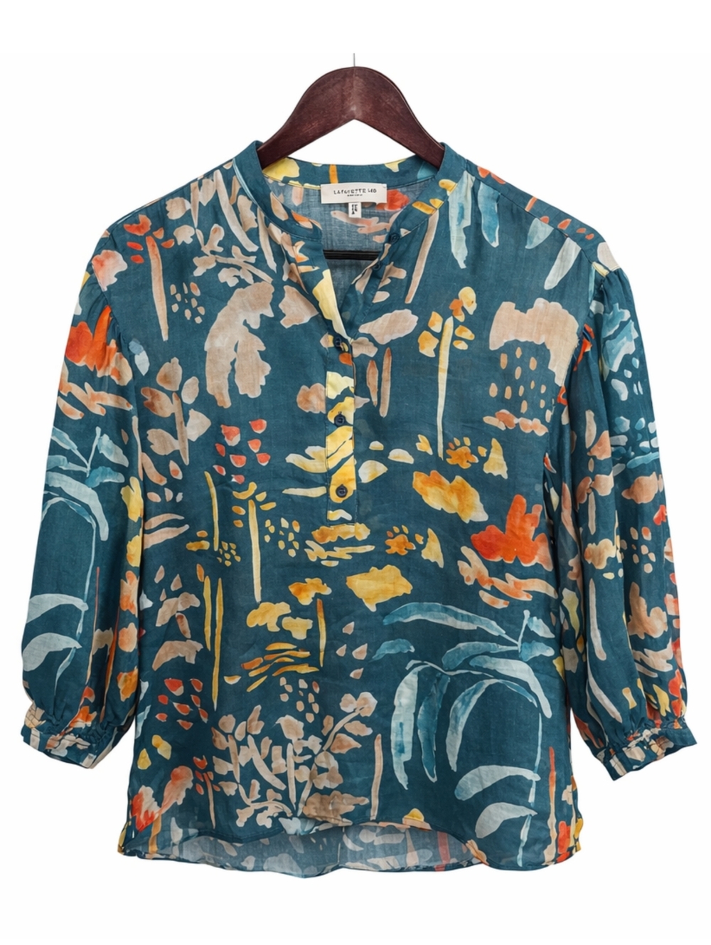 Lafayette 148 New York Floral Blouse Womens S Ramie Lyocell Sheer Boho Top